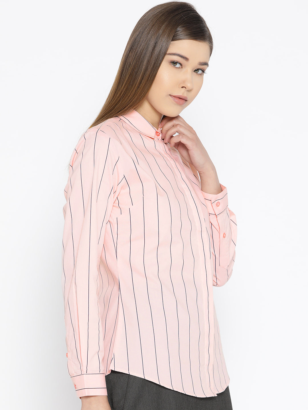 Women Pink Pure Cotton Striped Slim Fit Formal Shirt