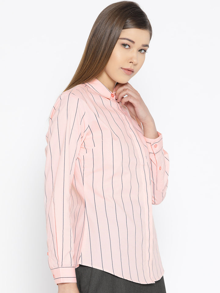 Women Pink Pure Cotton Striped Slim Fit Formal Shirt