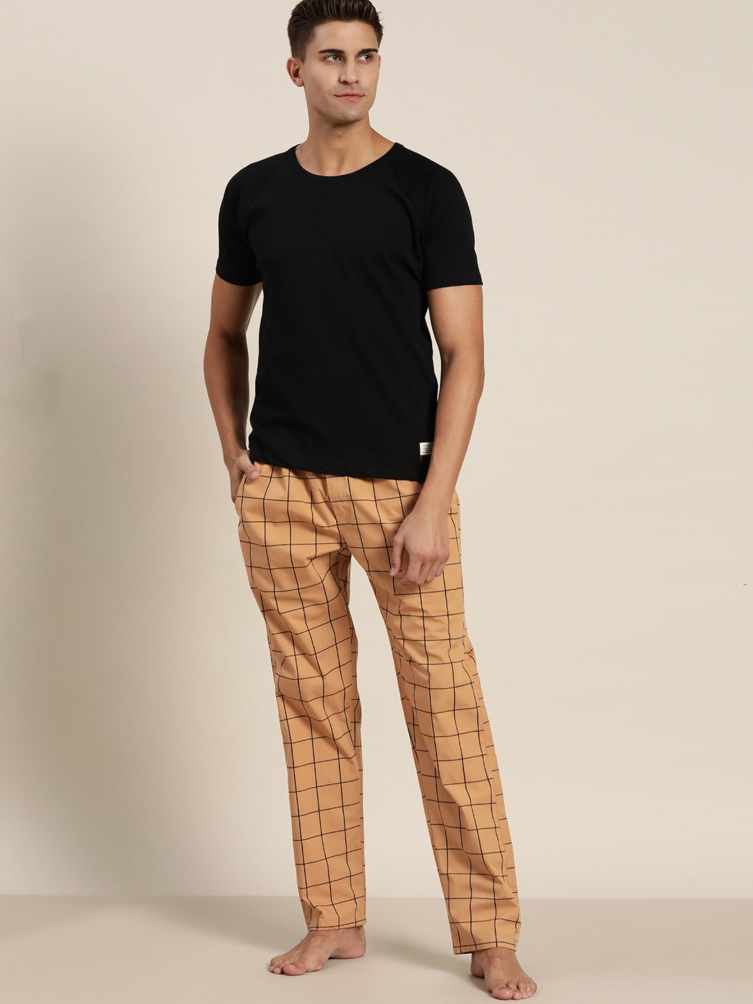 Men Beige Checks Pure Cotton Relaxed Fit Casual Lounge Pant
