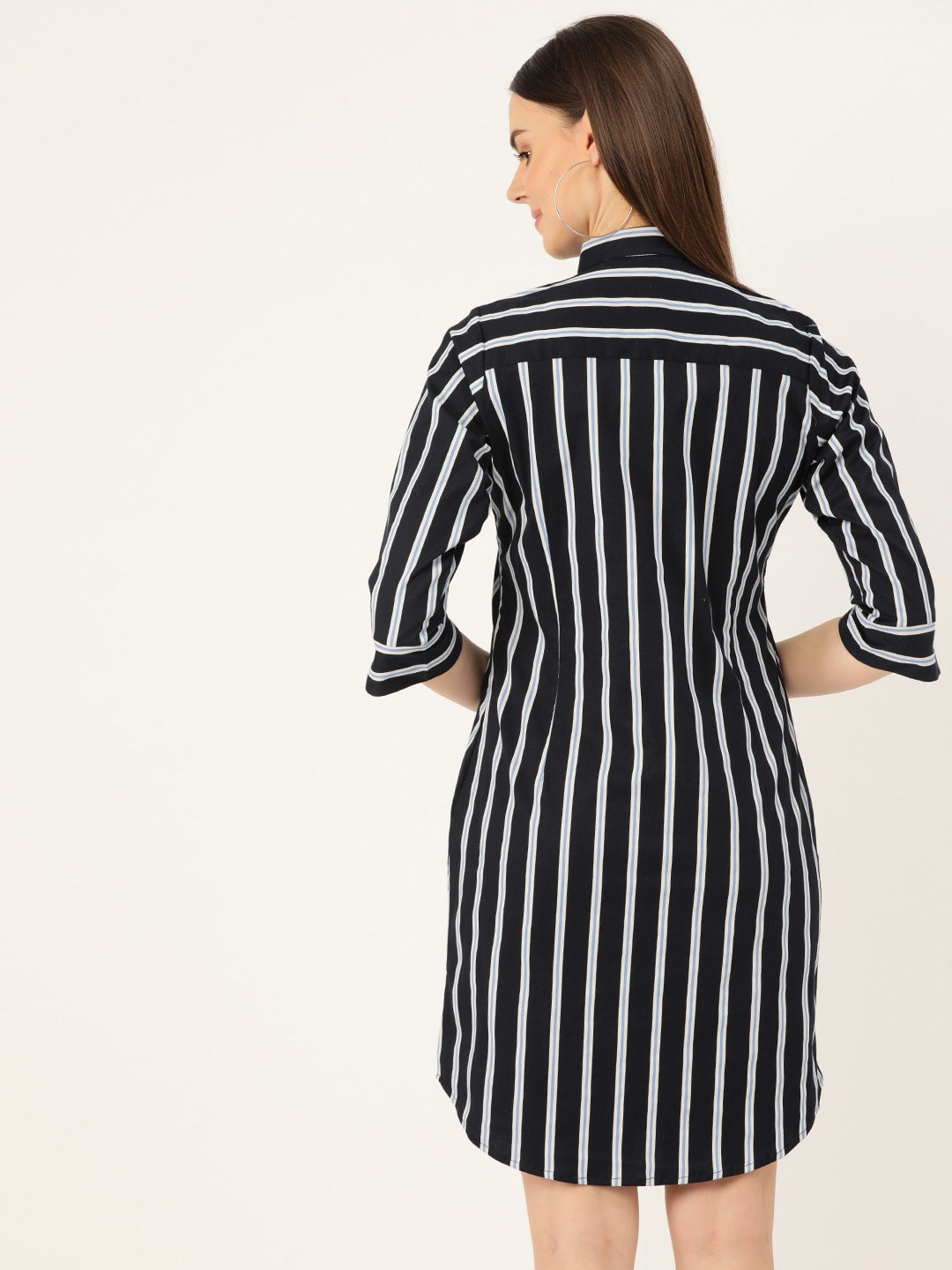 Women Navy Blue Stripes Pure Cotton Regular Fit Formal Dress