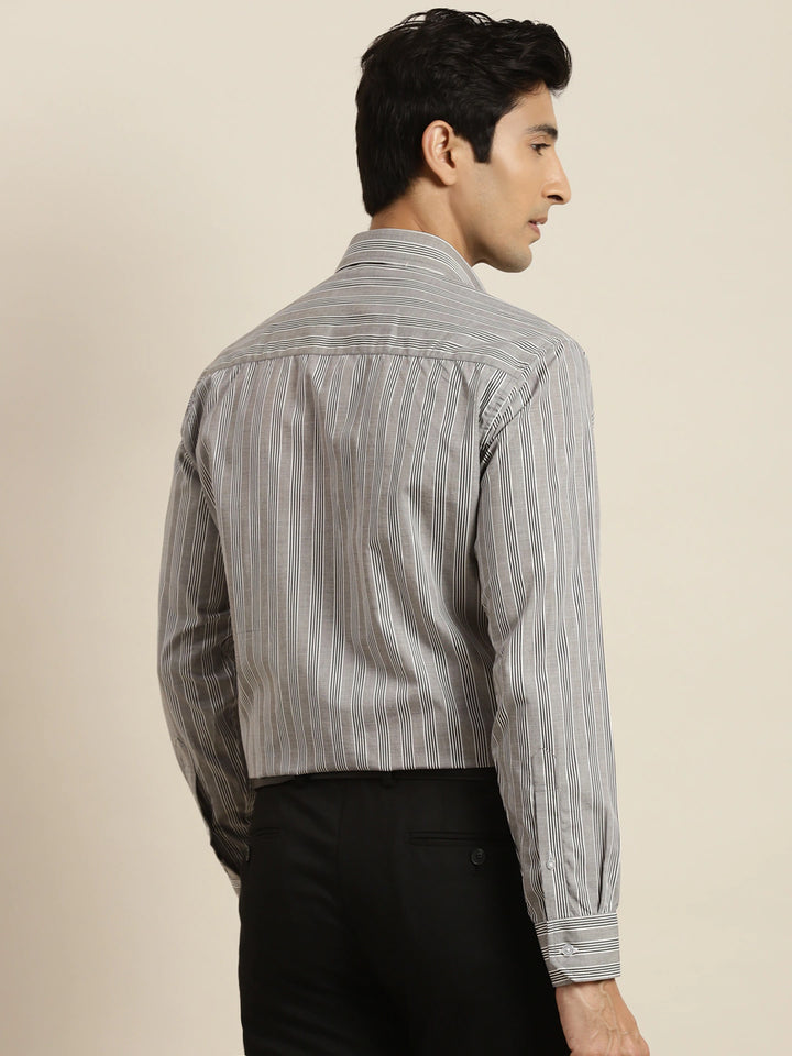 Men Grey & Black Striped Pure Cotton Slim Fit Formal Shirt