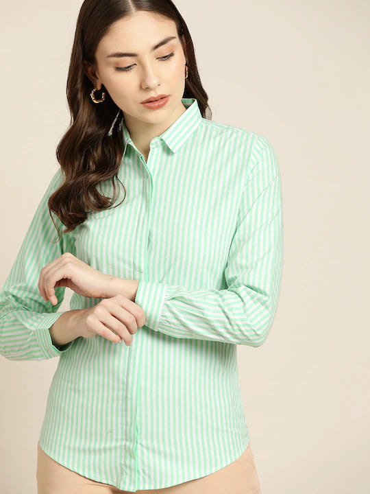 Women Light Green Striped Pure Cotton Slim Fit Formal Shirt