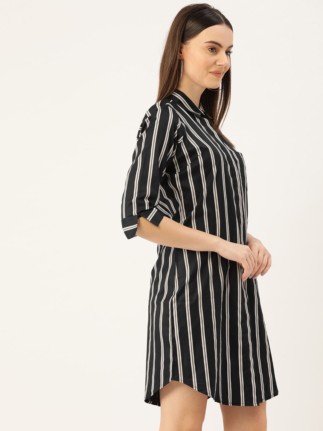 Women Black & Grey Stripes Pure Cotton Regular Fit Formal Dress
