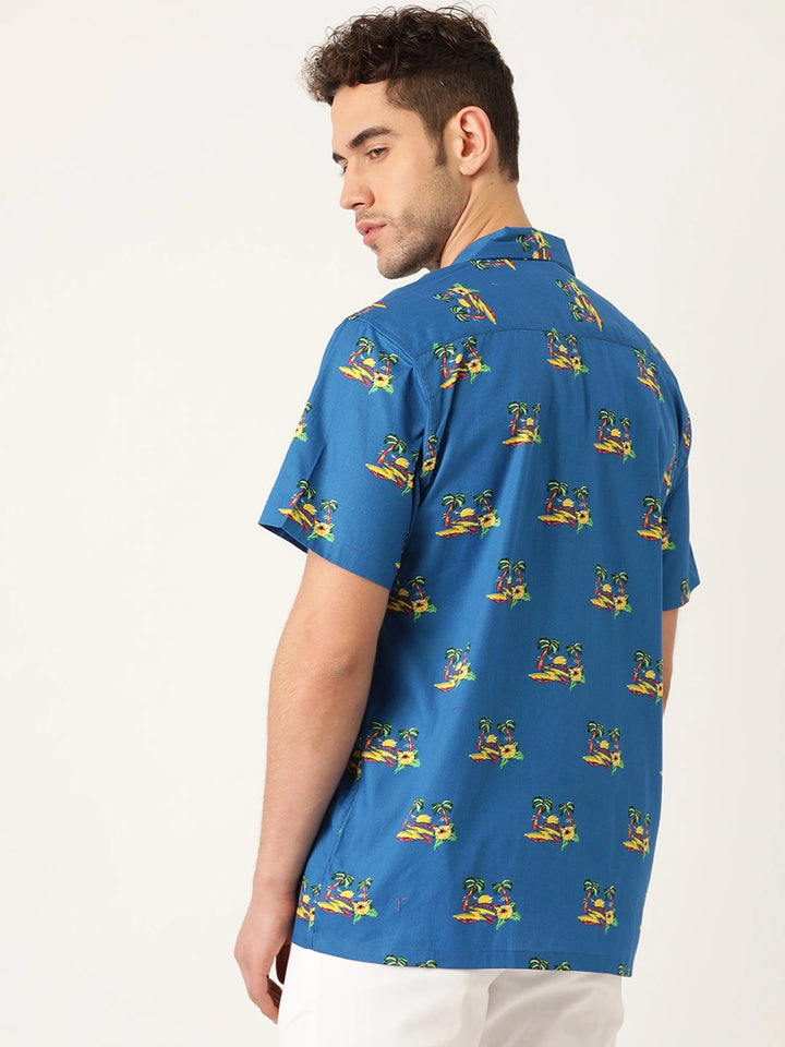 Men Blue Printed Pure Cotton Relaxed Fit Casual Resort Shirt