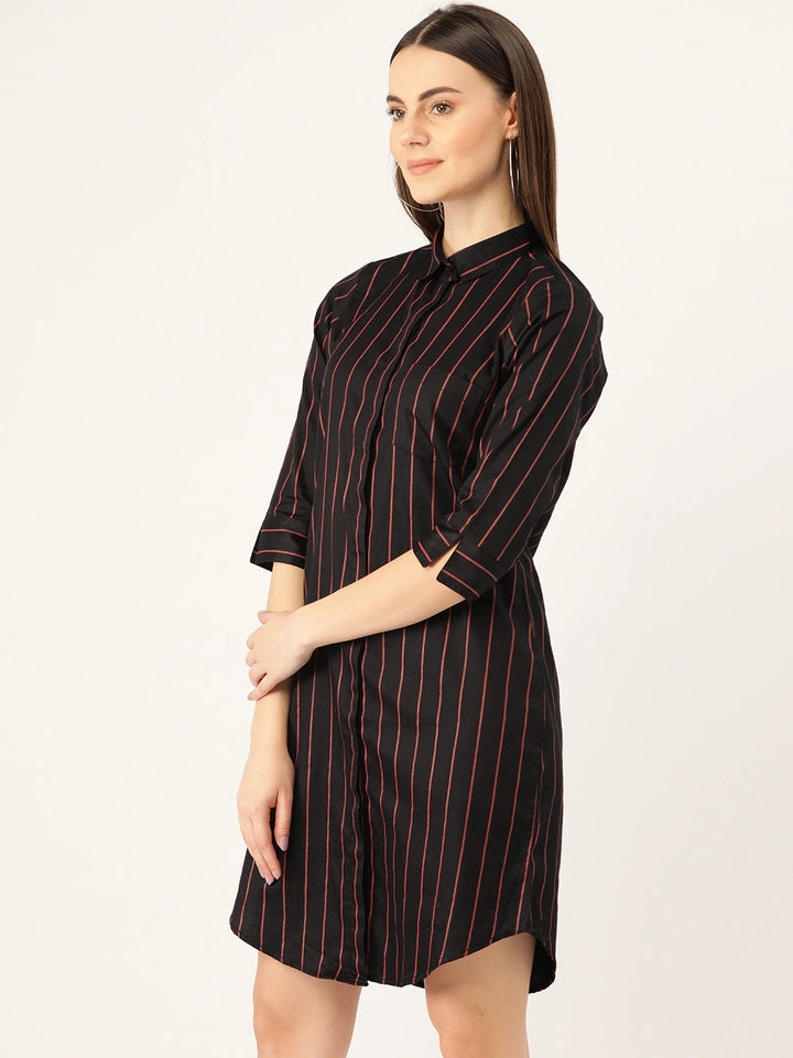 Women Black Stripes Pure Cotton Regular Fit Formal Dress