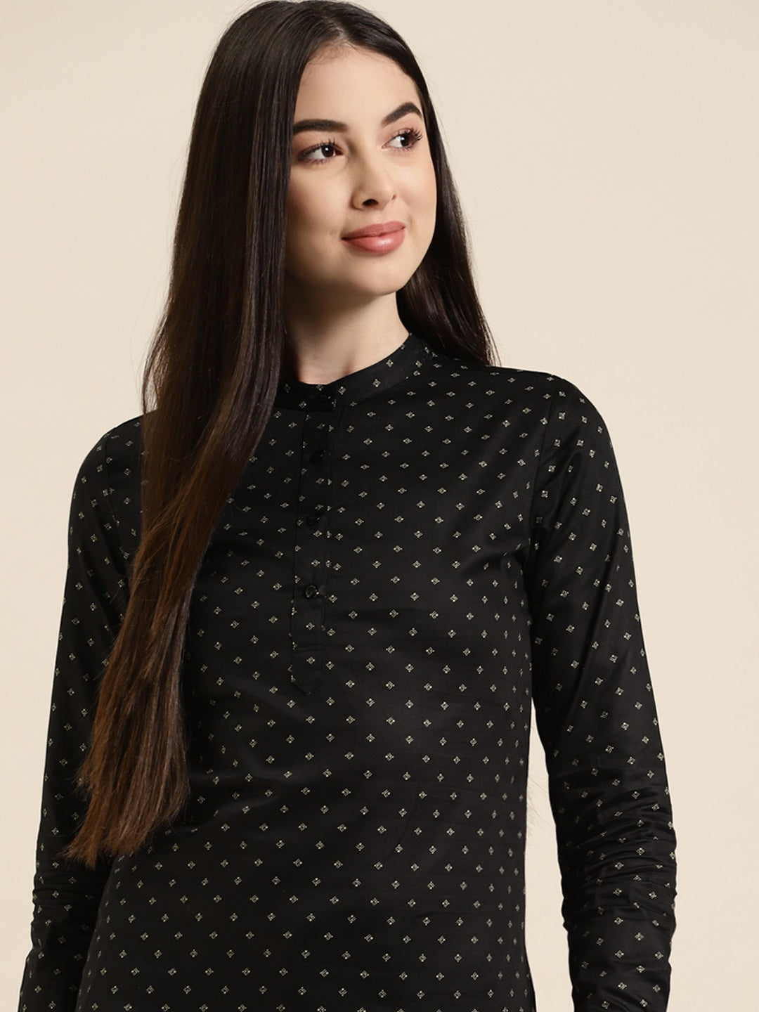 Women Black Printed Satin Pure Cotton Slim Fit Formal Top