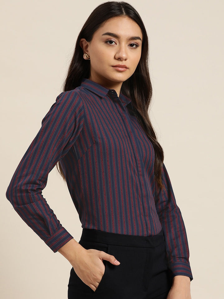 Women Navy Stripes Pure Cotton Slim Fit Formal Shirt