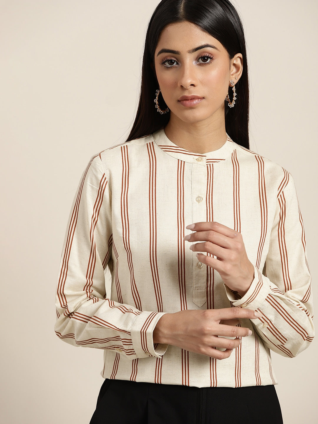 Women Beige & Red Striped Pure Cotton Slim Fit Formal Top