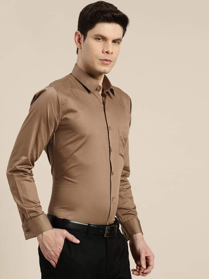 Men Brown Solid Satin French Cuff Pure Cotton Slim Fit Formal Shirt