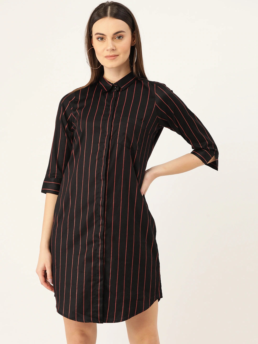 Women Black Stripes Pure Cotton Regular Fit Formal Dress