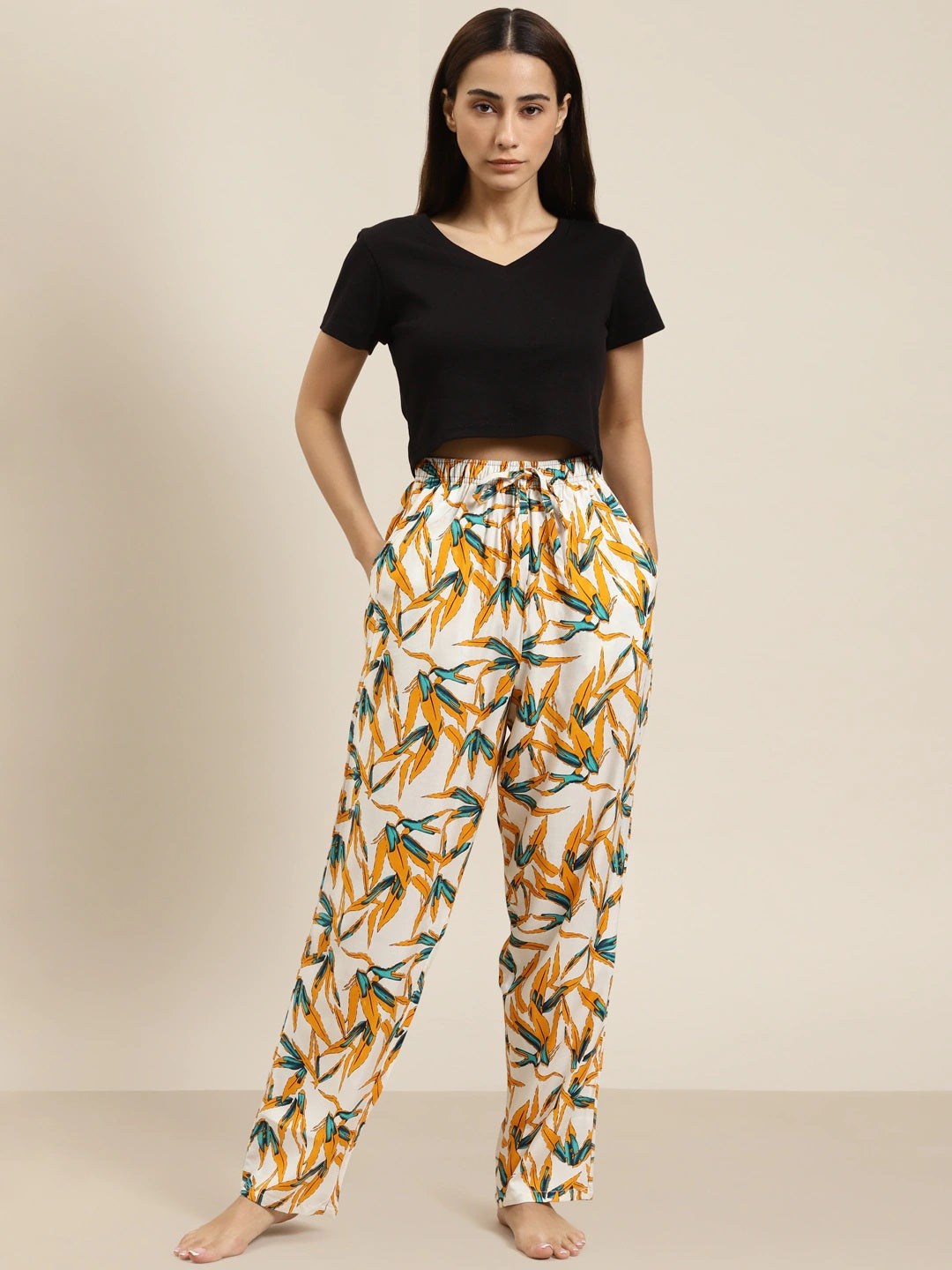 Women White-Yellow Prints Viscose Rayon Relaxed Fit Casual Lounge Pant