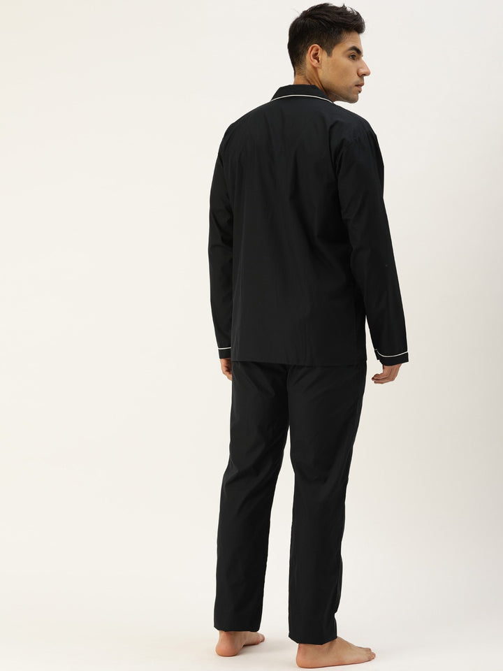 Men Black Solids Pure Cotton Regular Fit Night Wear Night Suit