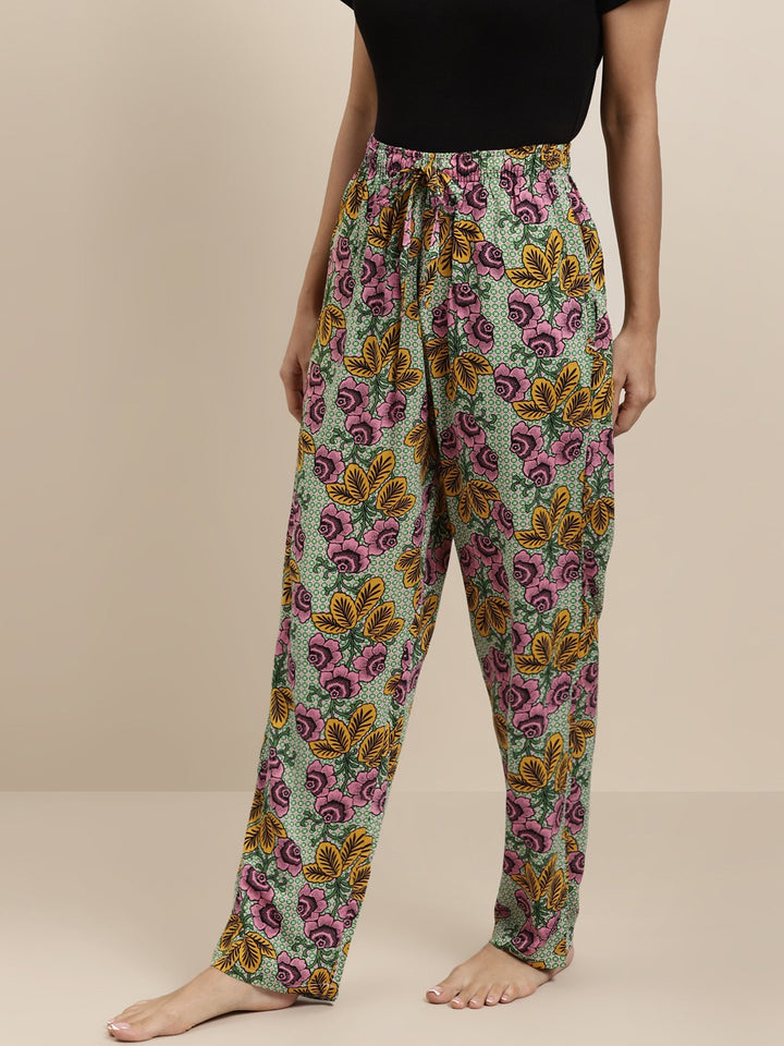 Women Green-Yellow Prints Viscose Rayon Relaxed Fit Casual Lounge Pant