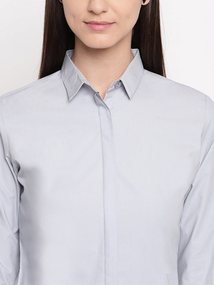 Women Grey Pure Cotton Solid Slim Fit Formal Shirt