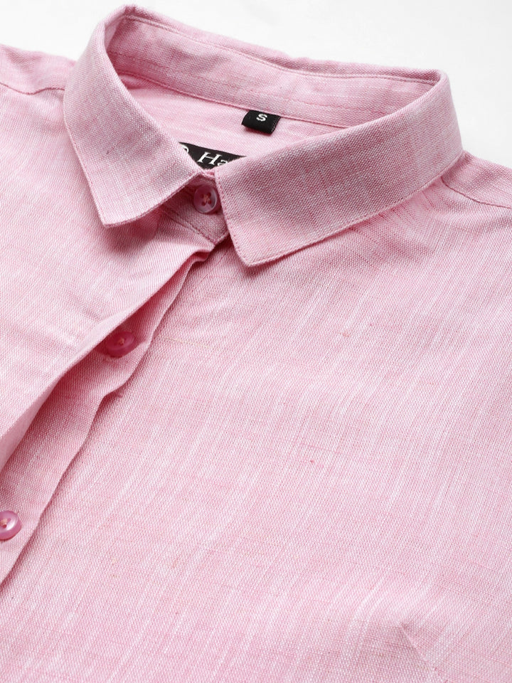 Women Pink Solid Linen Cotton Slim Fit Formal Shirt