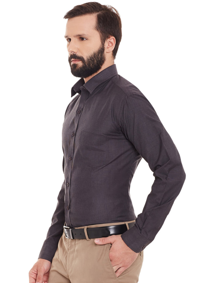 Men Charcoal Grey Solid Chambray Slim Fit Formal Shirt