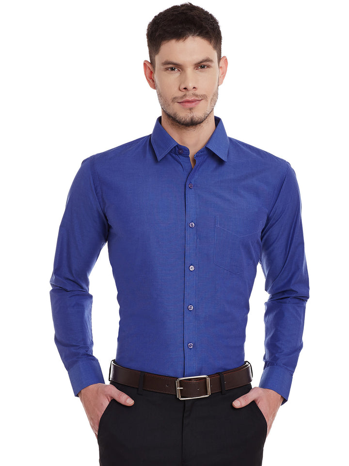 Men Navy Solid Chambray Slim Fit Formal Shirt