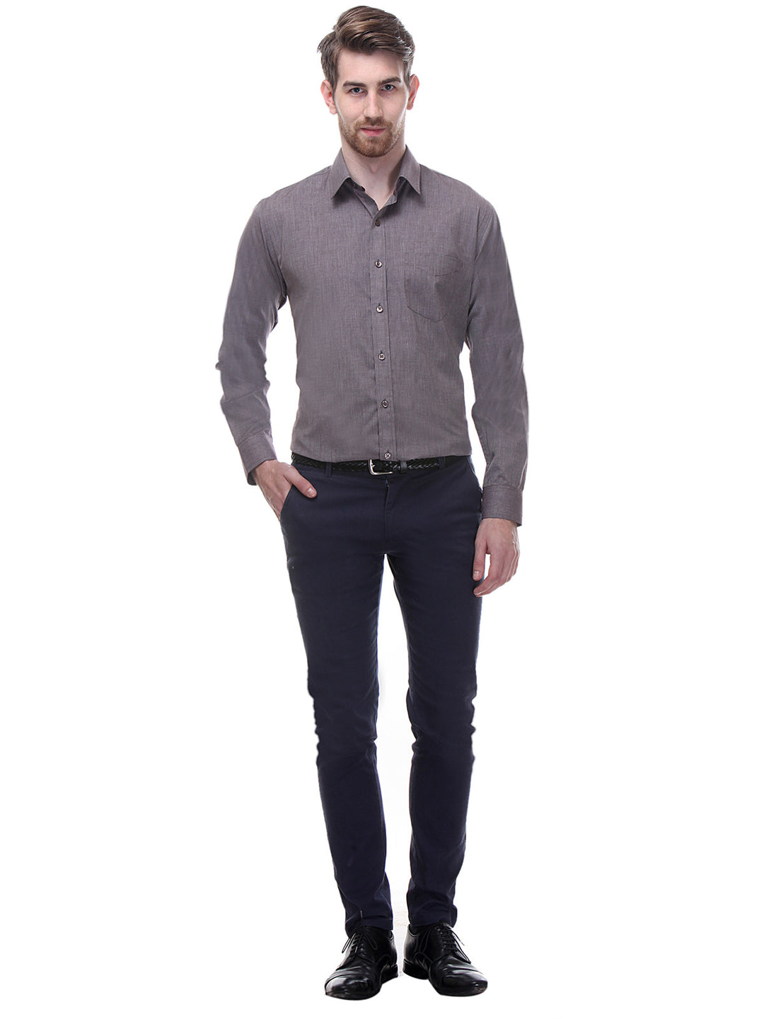 Men Brown Slim Fit Solid Chambray Cotton Rich Formal Shirt