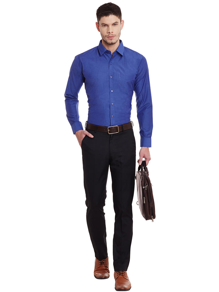 Men Navy Solid Chambray Slim Fit Formal Shirt