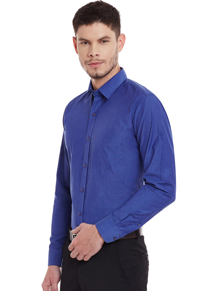 Men Navy Solid Chambray Slim Fit Formal Shirt