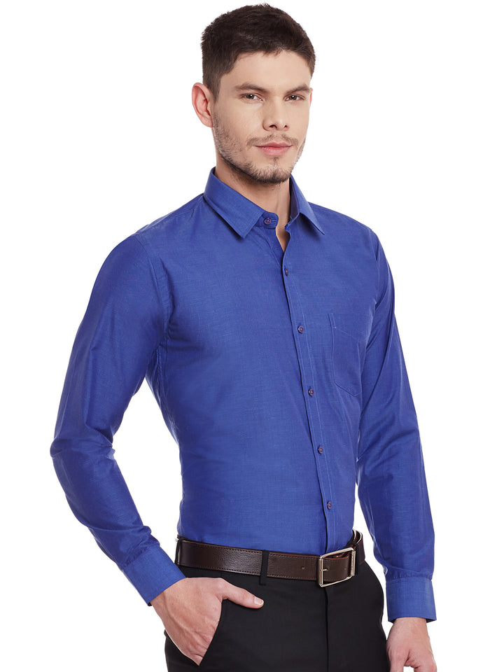Men Navy Solid Chambray Slim Fit Formal Shirt