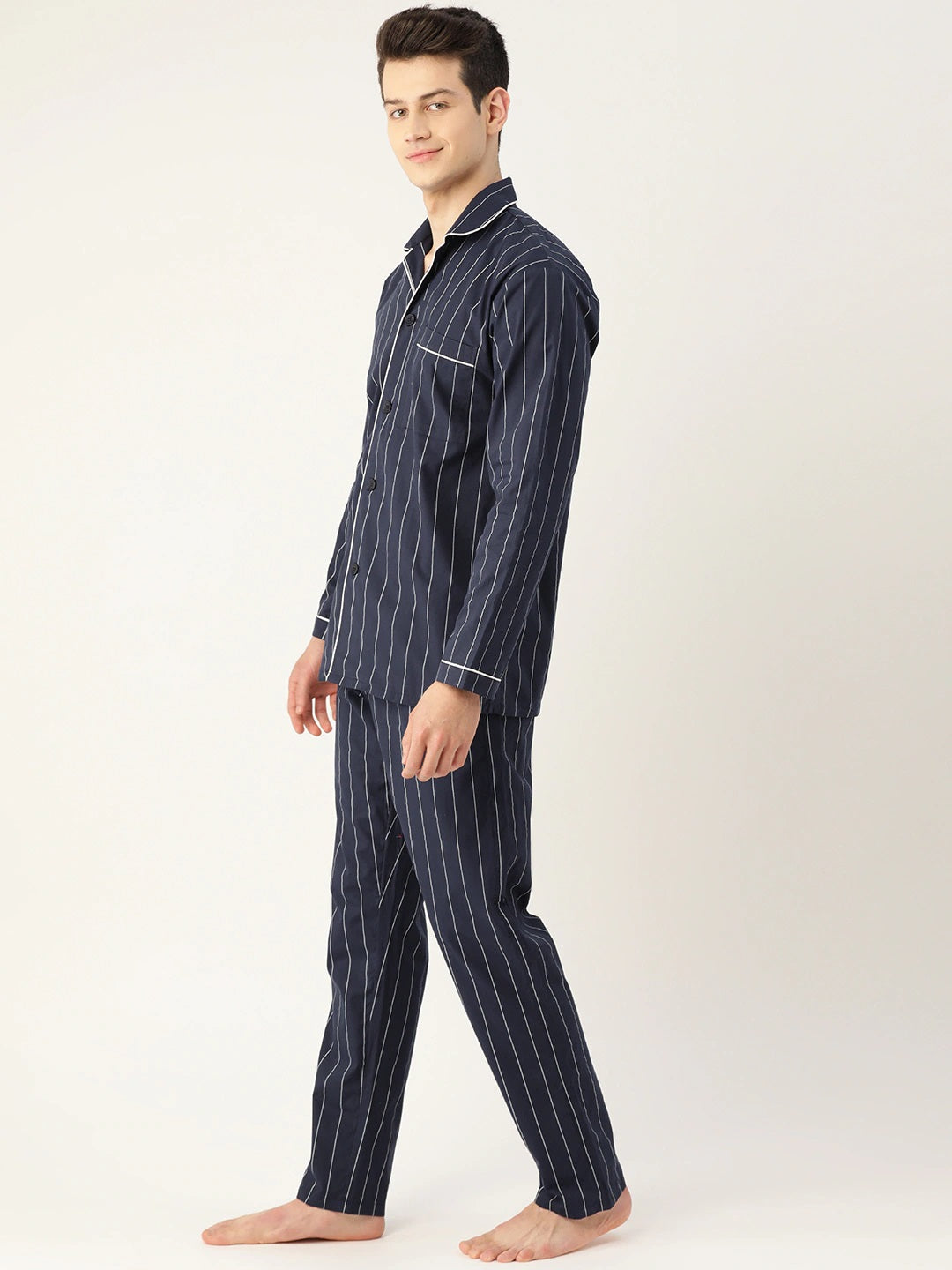 Men Navy Stripes Pure Cotton Regular Fit Night Wear Night Suit