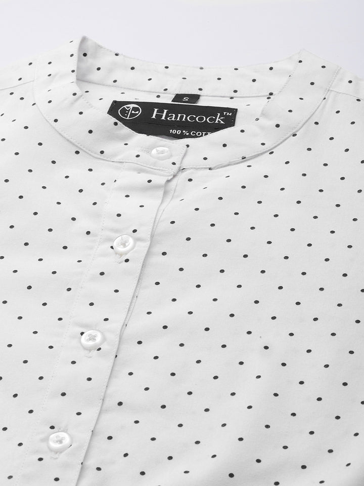 Women White Polka Dot Printed Pure Cotton Slim Fit Formal Top