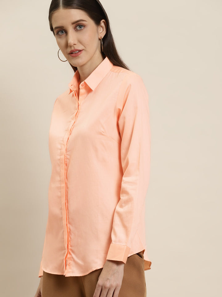 Women Peach Solid Pure Cotton Satin Slim Fit Formal Shirt