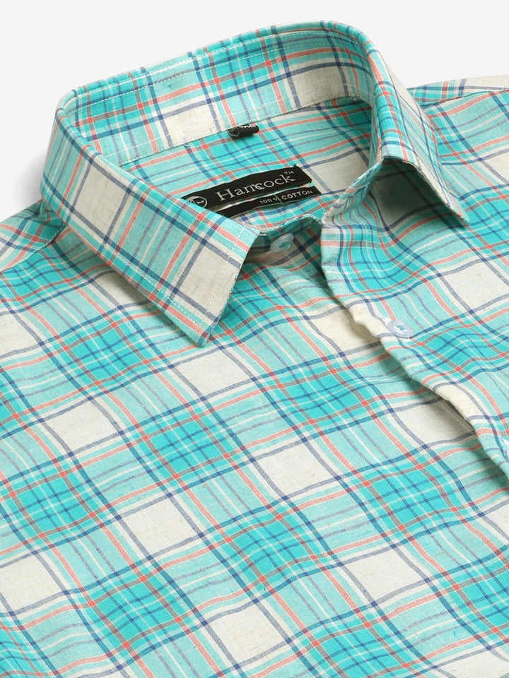 Men Beige & Green Checks Pure Cotton Slim Fit Formal Shirt
