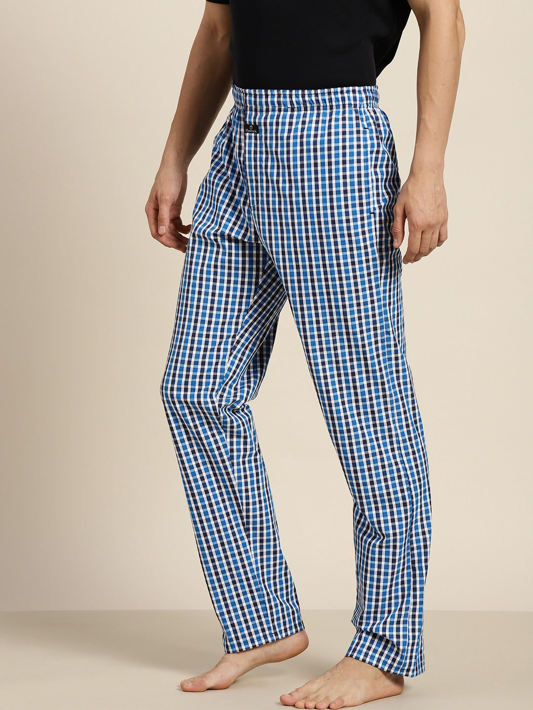 Men Blue-White Checks Pure Cotton Relaxed Fit Casual Lounge Pant