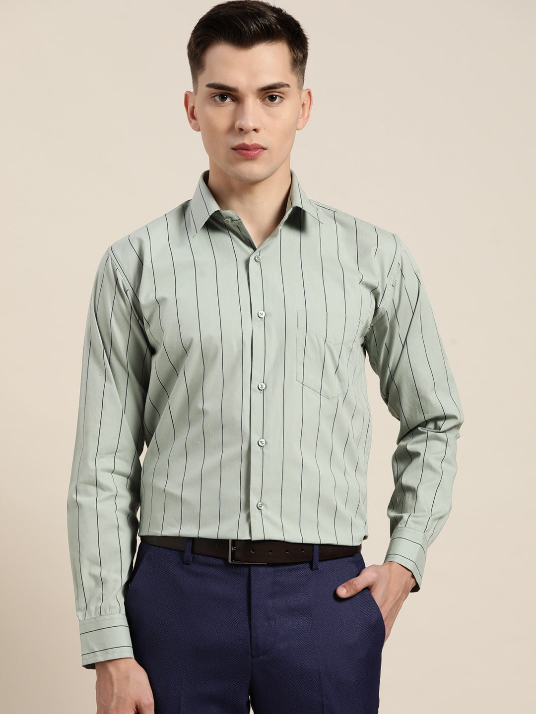 Men Green Stripes Pure Cotton Slim Fit Formal Shirt