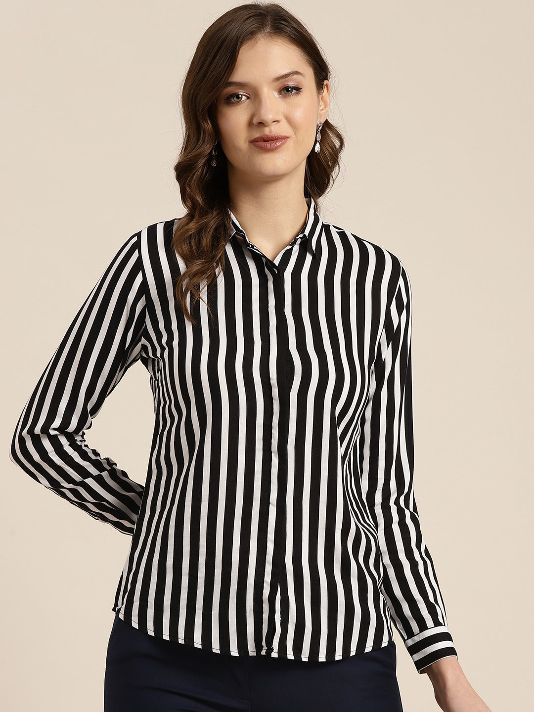 Women Black & White Stripes Viscose Rayon Slim Fit Formal Shirt