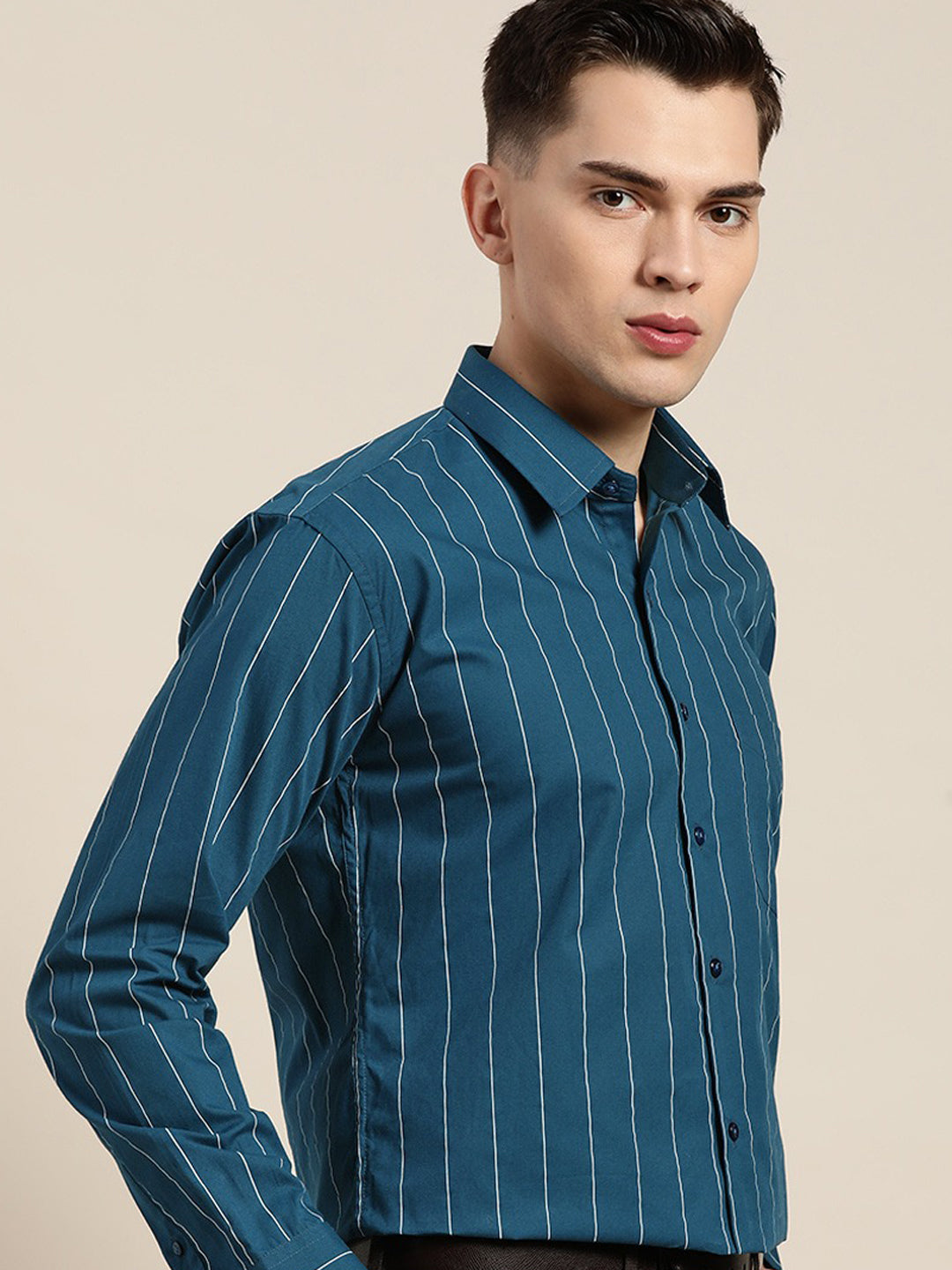 Men Turquoise Blue Stripes Pure Cotton Slim Fit Formal Shirt