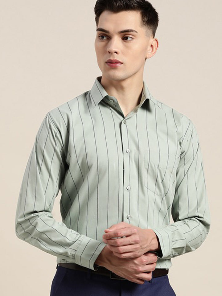 Men Green Stripes Pure Cotton Slim Fit Formal Shirt