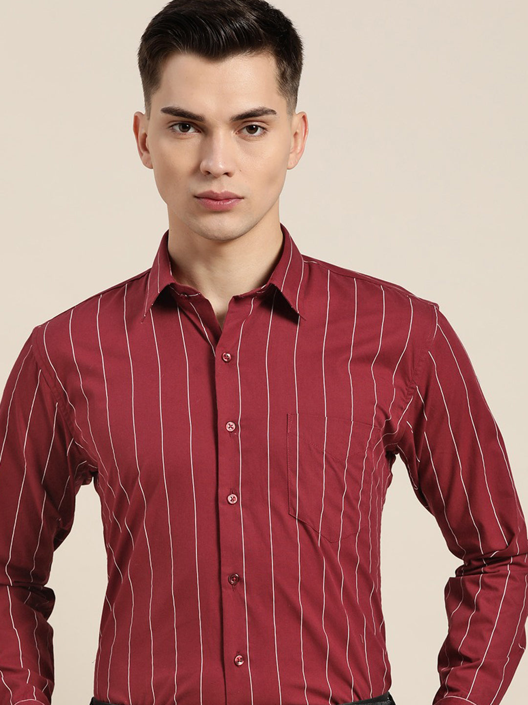 Men Maroon Stripes Pure Cotton Slim Fit Formal Shirt