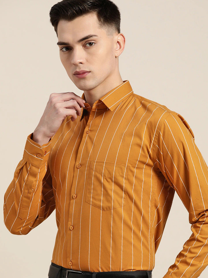 Men Mustard Stripes Pure Cotton Slim Fit Formal Shirt