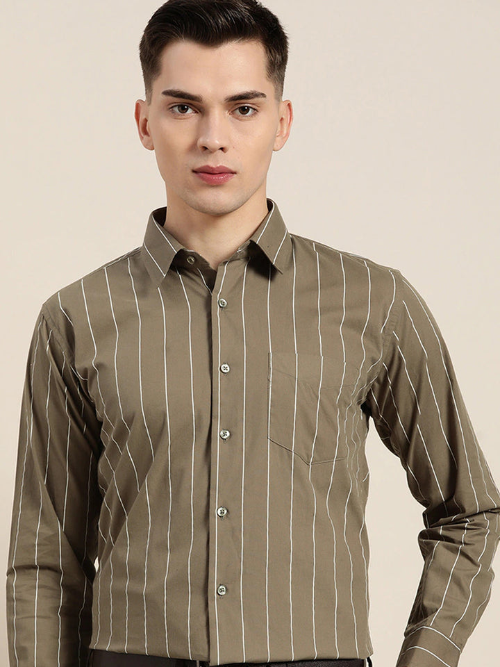 Men Olive Stripes Pure Cotton Slim Fit Formal Shirt