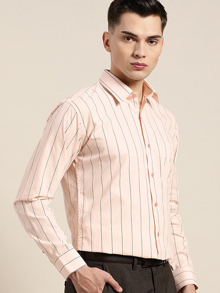 Men Pink Stripes Pure Cotton Slim Fit Formal Shirt