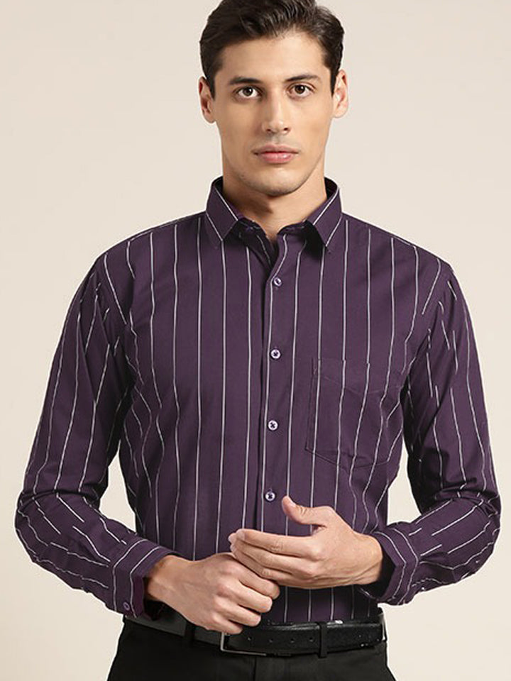 Men Wine Stripes Pure Cotton Slim Fit Formal Shirt