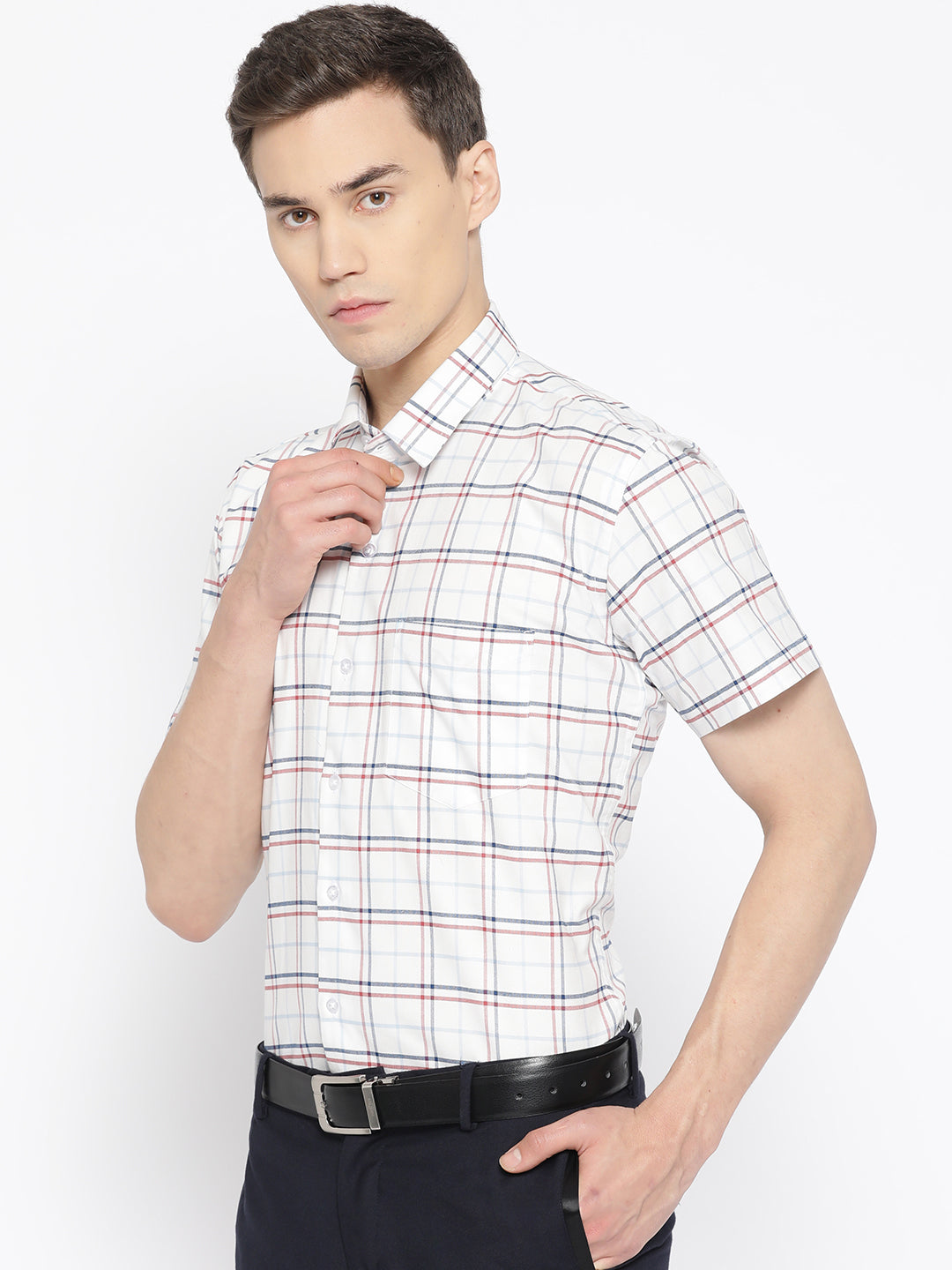 Men White Pure Cotton Checked Slim Fit Formal Shirt