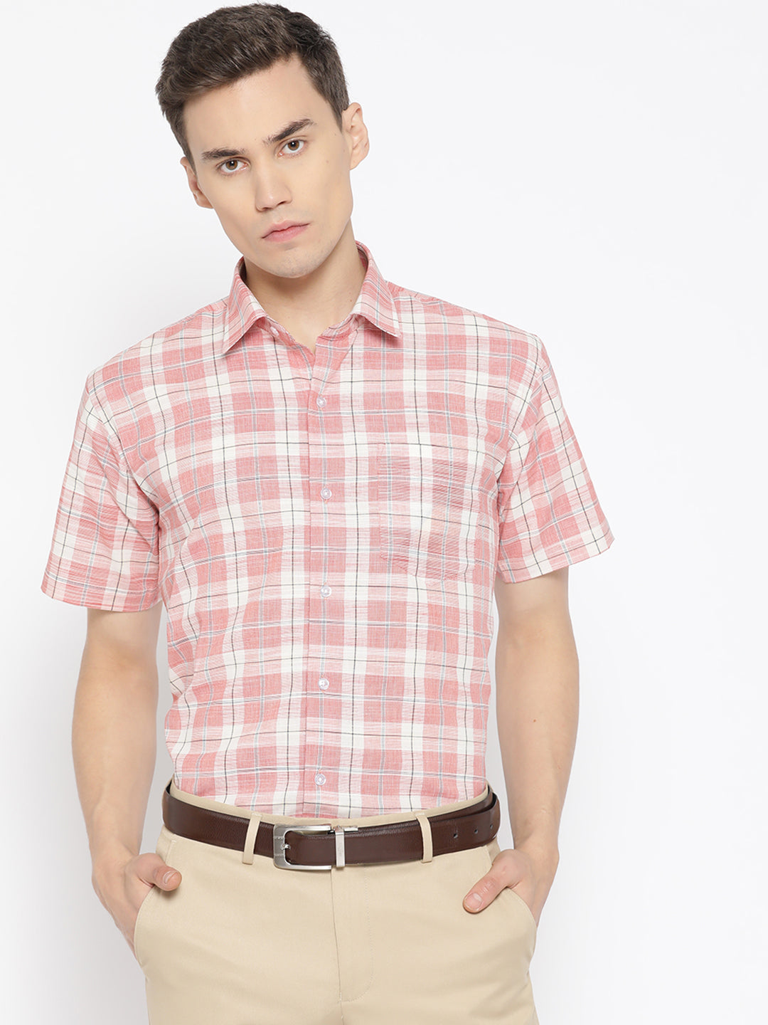 Men Coral Pure Cotton Checked Slim Fit Formal Shirt