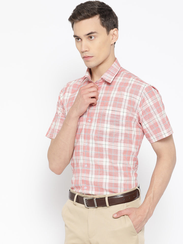 Men Coral Pure Cotton Checked Slim Fit Formal Shirt