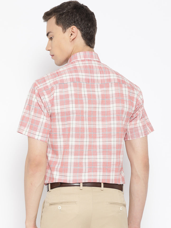 Men Coral Pure Cotton Checked Slim Fit Formal Shirt