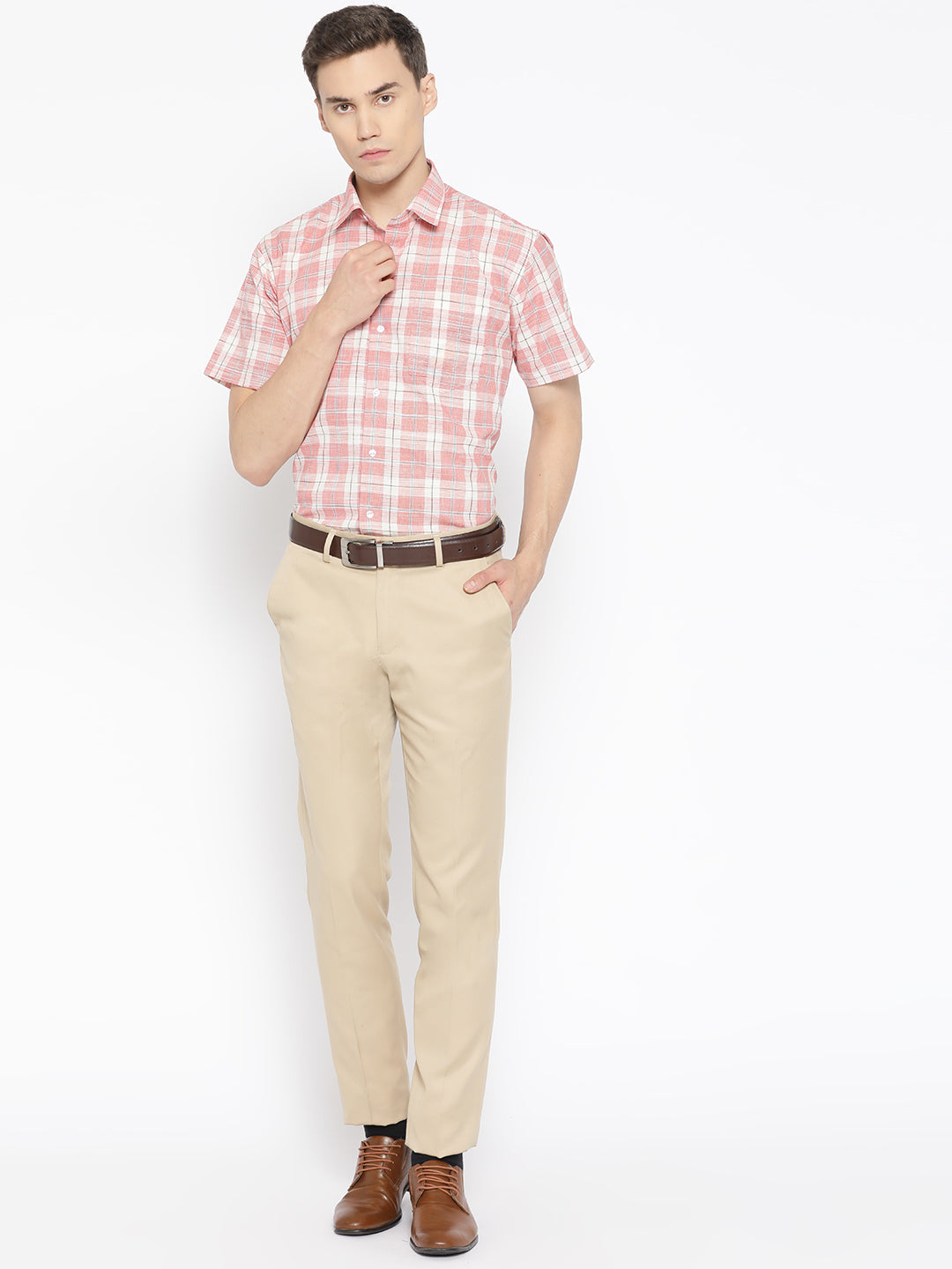 Men Coral Pure Cotton Checked Slim Fit Formal Shirt