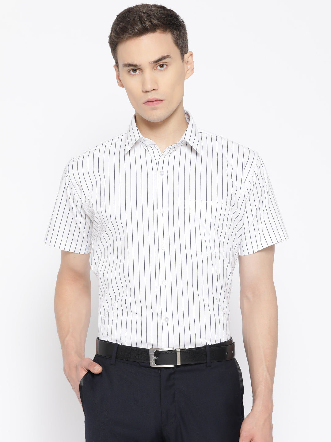 Men White & Navy Pure Cotton Striped Slim Fit Formal Shirt
