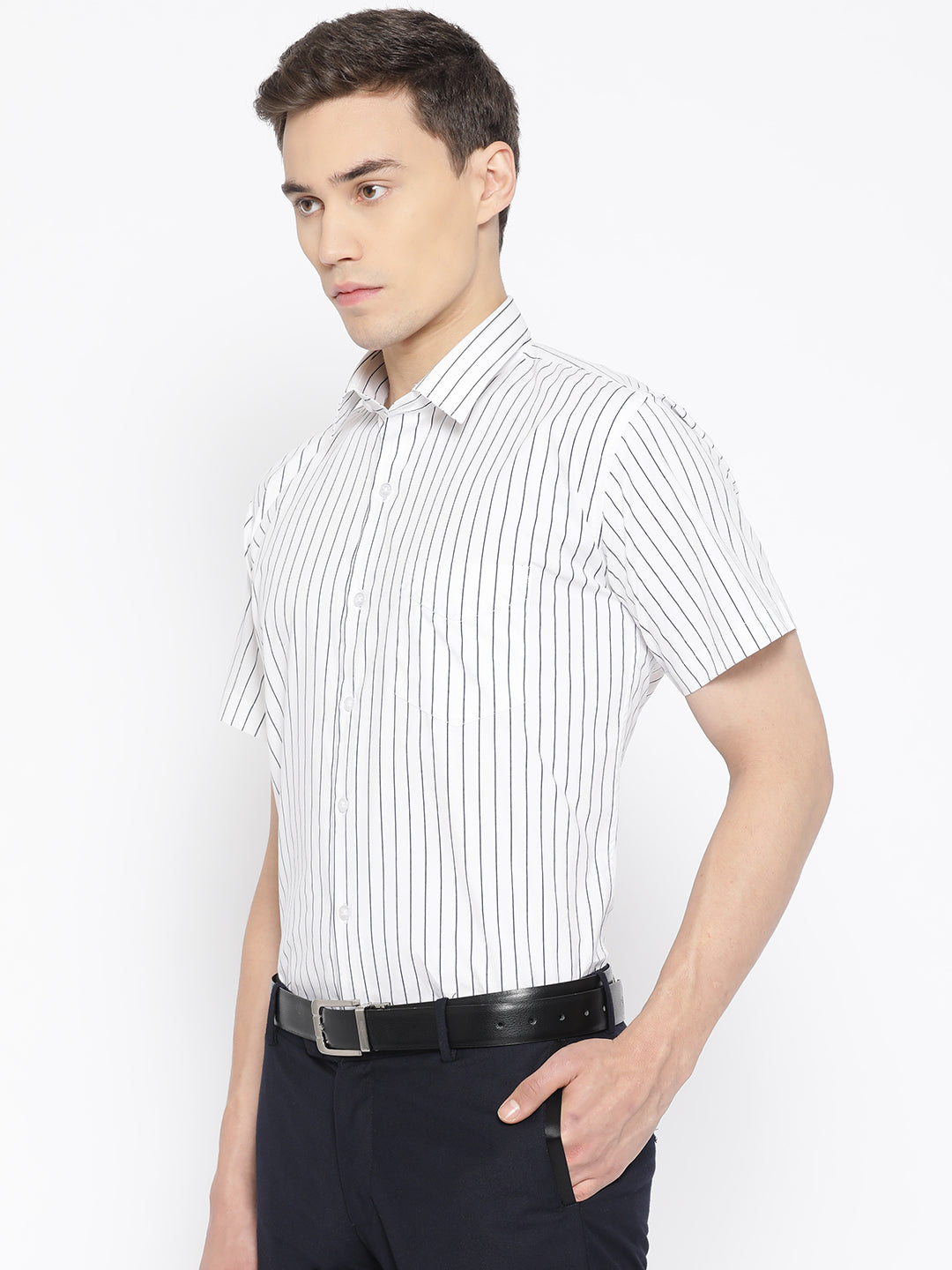 Men White & Navy Pure Cotton Striped Slim Fit Formal Shirt