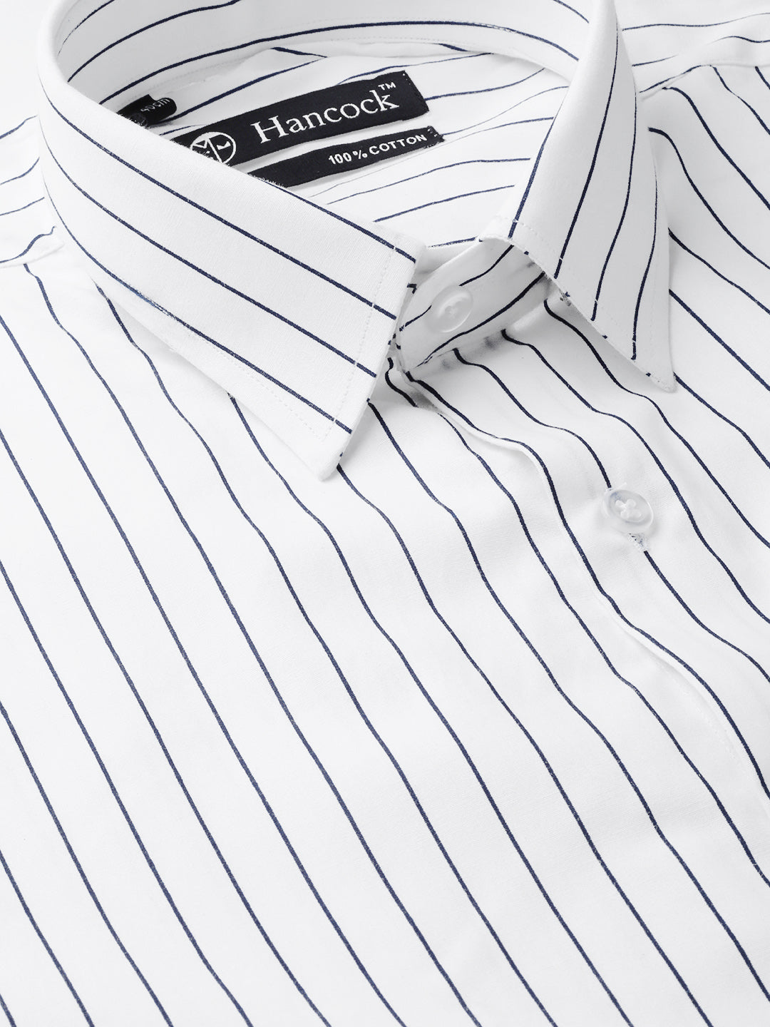 Men White & Navy Pure Cotton Striped Slim Fit Formal Shirt