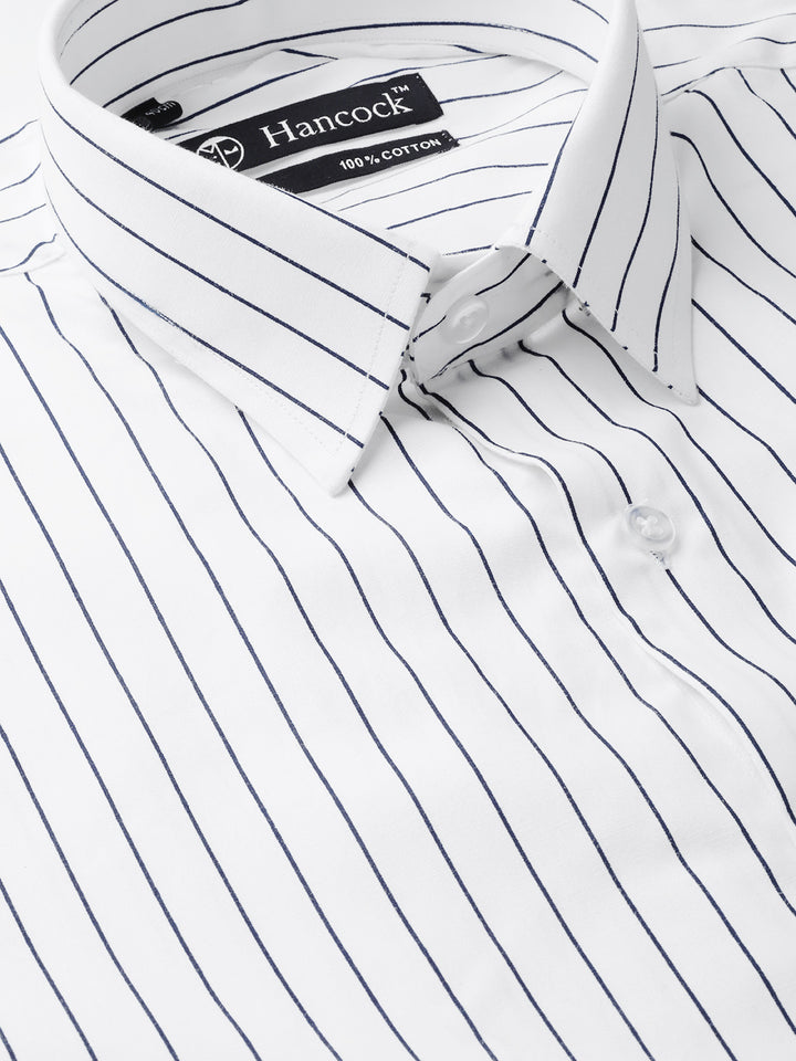 Men White & Navy Pure Cotton Striped Slim Fit Formal Shirt