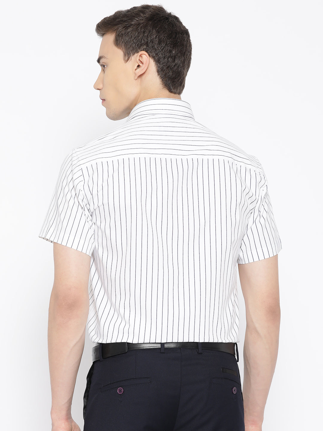 Men White & Navy Pure Cotton Striped Slim Fit Formal Shirt