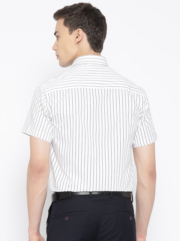 Men White & Navy Pure Cotton Striped Slim Fit Formal Shirt